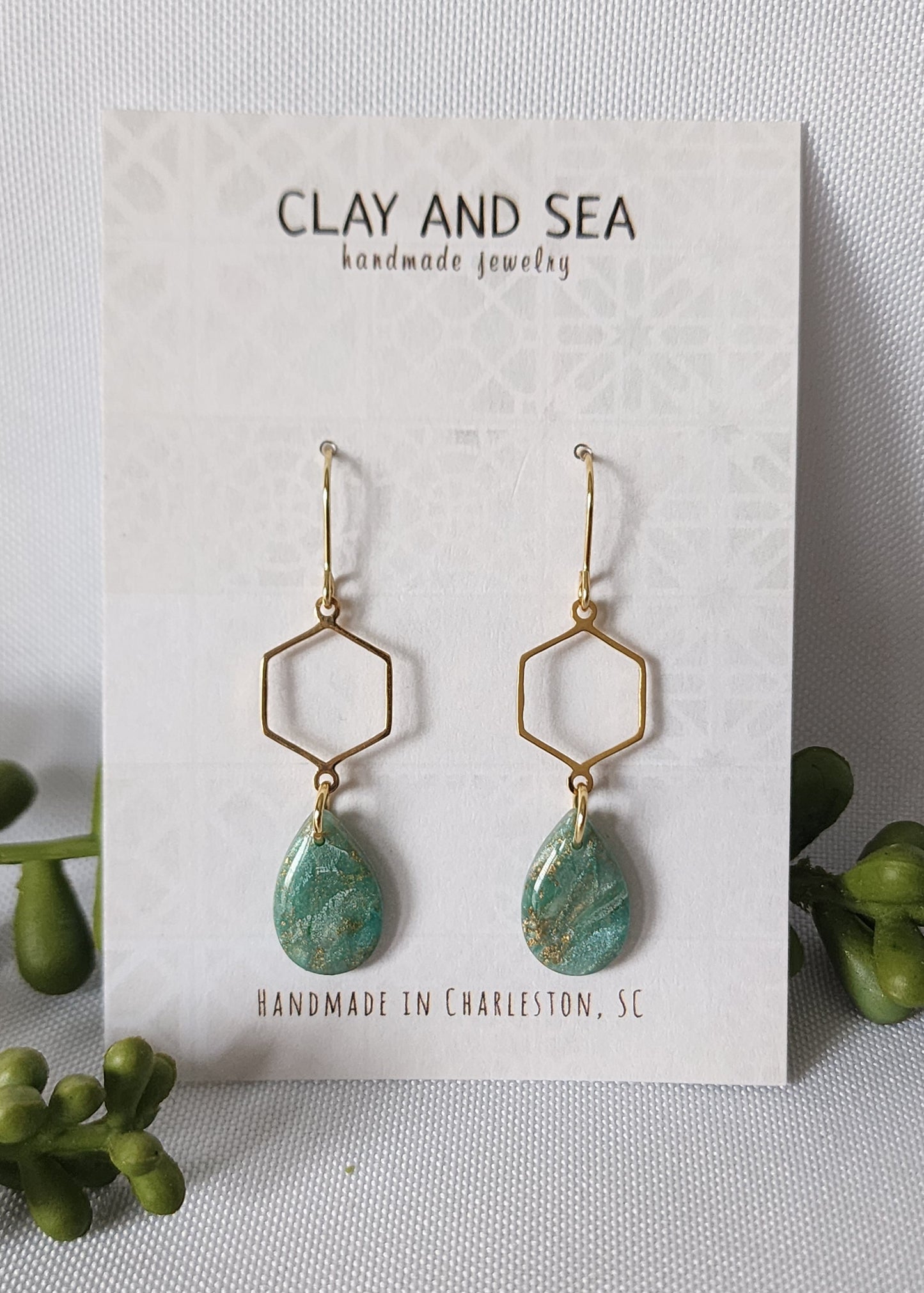 Handmade aqua seafoam polymer clay dangle earrings by Clay and Sea Charleston SC - view 3