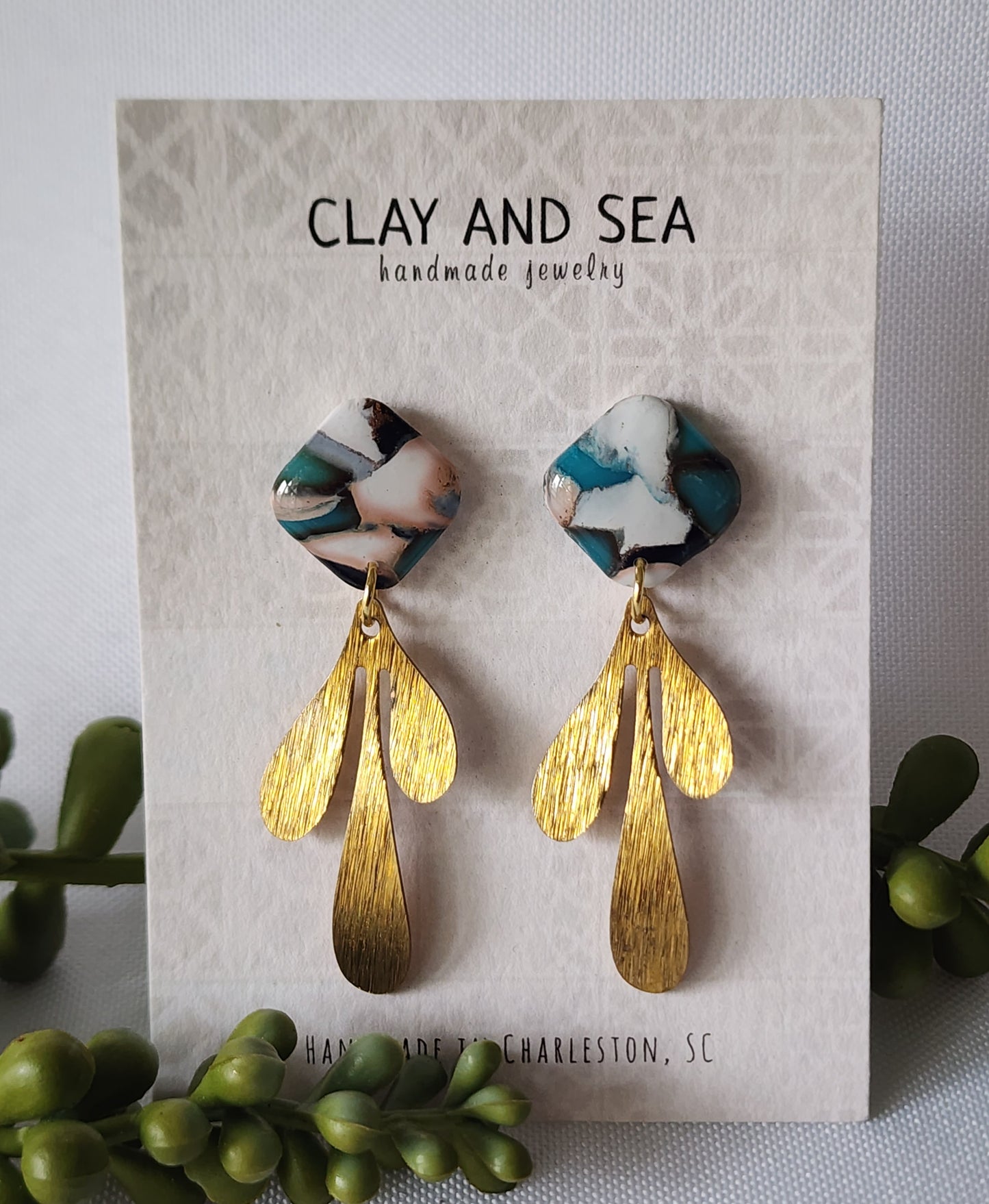White Buffalo Turquoise Earrings in Gold Drop