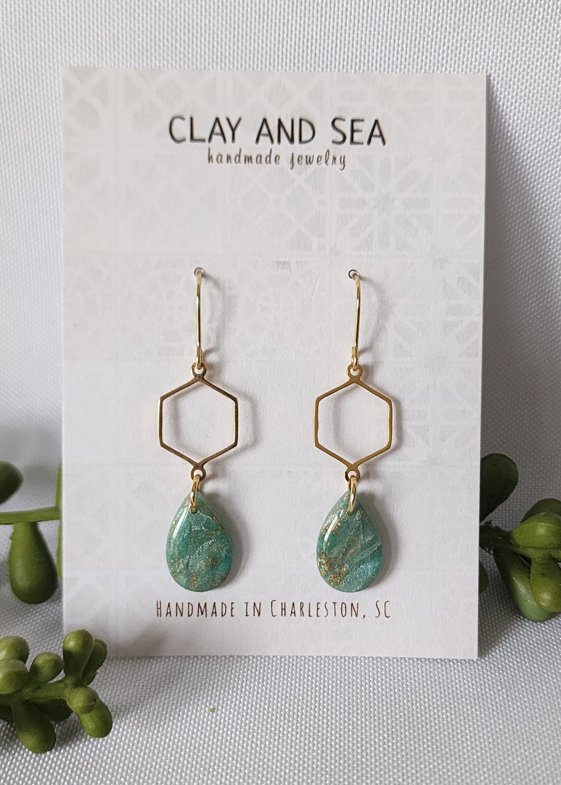 Handmade aqua seafoam polymer clay dangle earrings by Clay and Sea Charleston SC - view 3