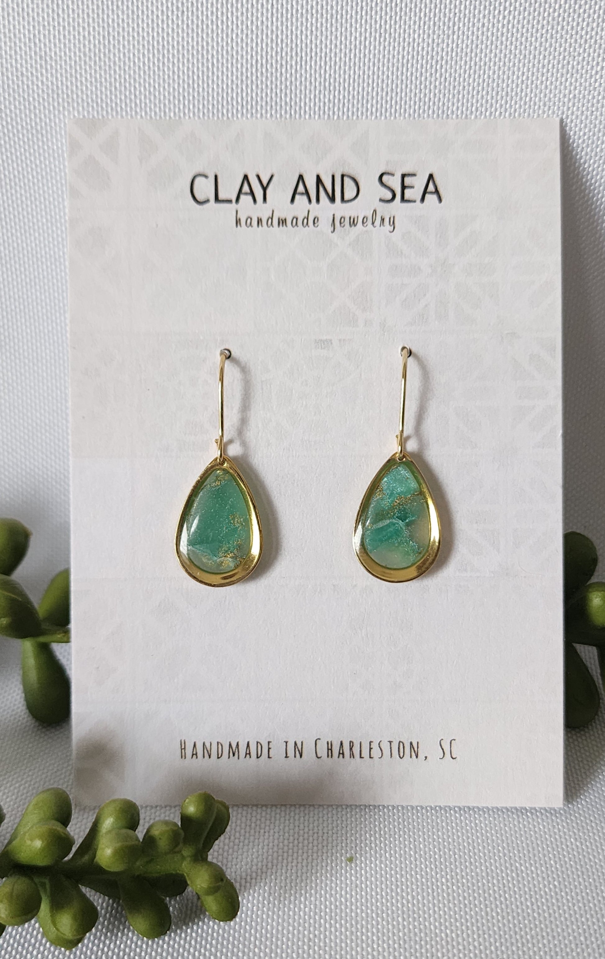 Handmade aqua seafoam polymer clay dangle earrings by Clay and Sea Charleston SC - view 2