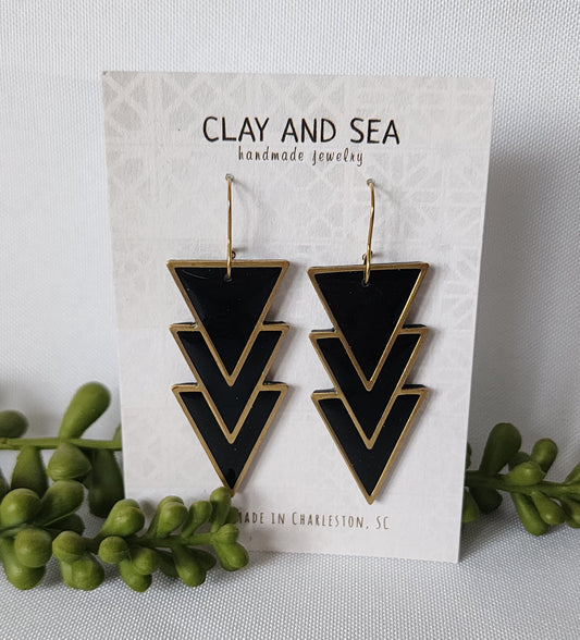 Black and Gold Earrings in Tiered Triangles