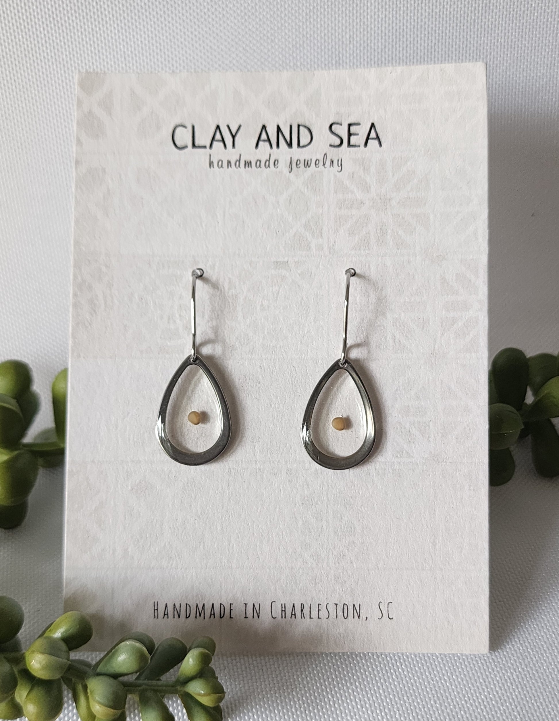 Handmade mustard seed polymer clay dangle earrings by Clay and Sea Charleston SC - view 2