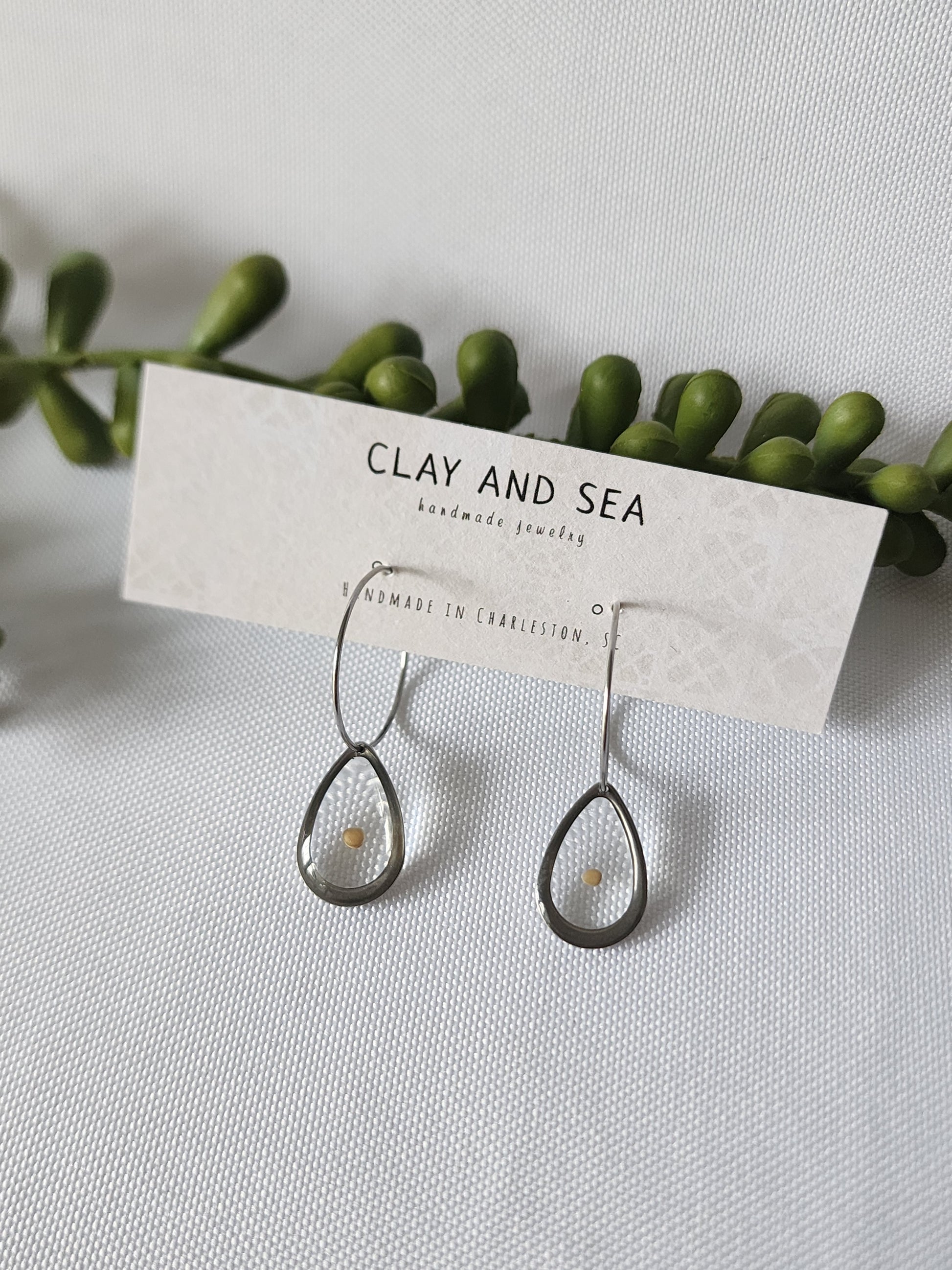 Handmade mustard seed polymer clay dangle earrings by Clay and Sea Charleston SC - view 4